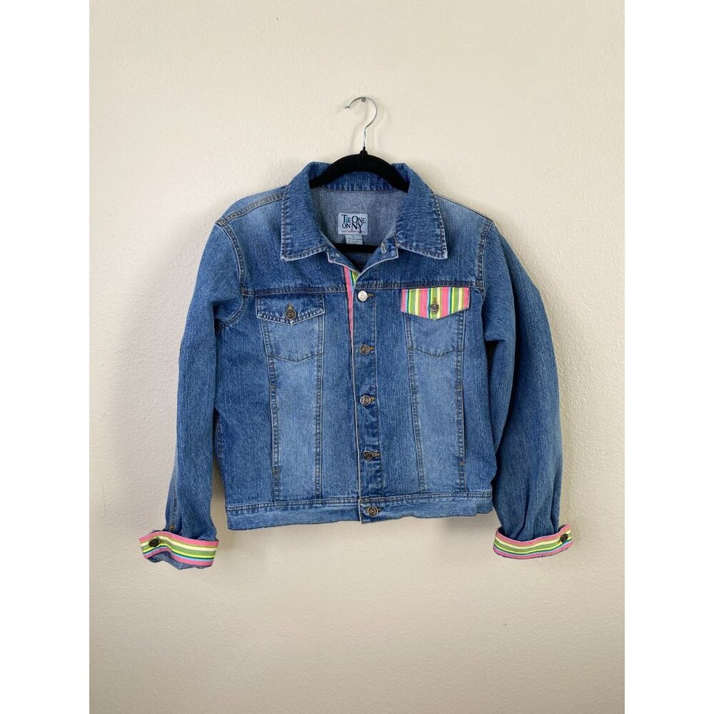 Tie One On NY Denim Jacket Large Multicolor Large Pockets Cuffs 100% Cotton